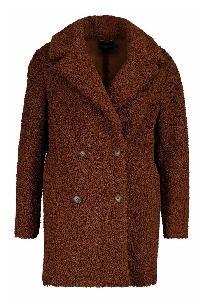 Womens Double Breasted Bonded Faux Fur Teddy Coat - brown - 16, Brown