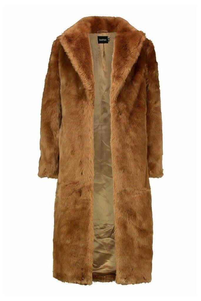 Womens Luxe Faux Fur Longline Coat - beige - 10, Beige