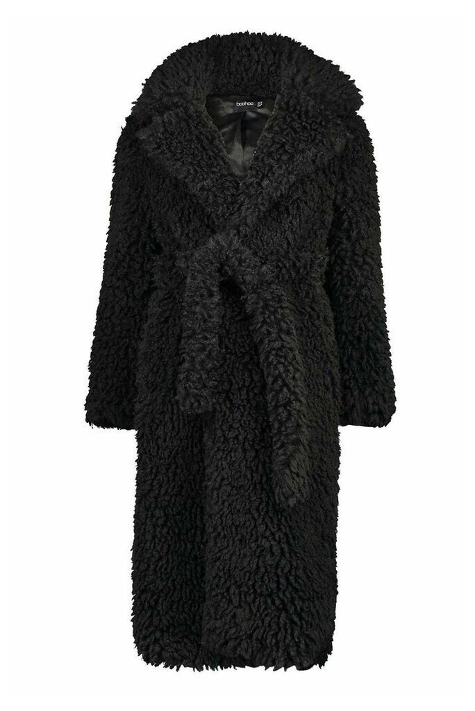 Womens Premium Teddy Faux Fur Belted Longline Coat - black - 12, Black