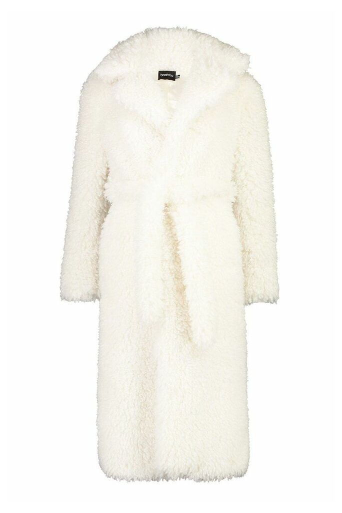 Womens Premium Teddy Faux Fur Belted Longline Coat - white - 8, White