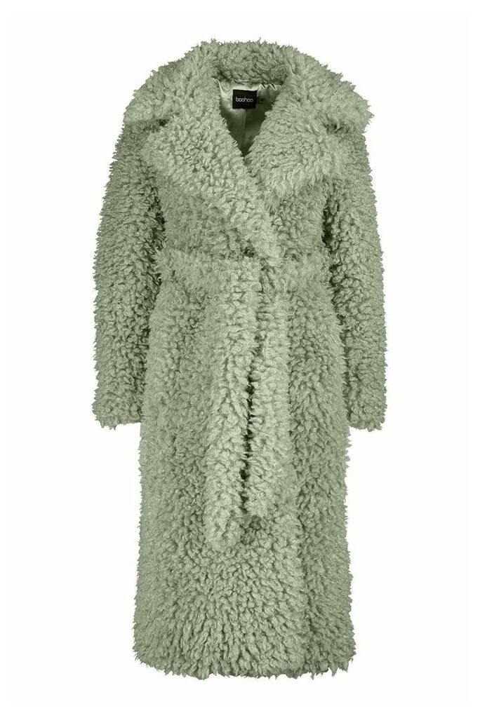 Womens Curly Faux Fur Belted Longline Coat - green - 16, Green