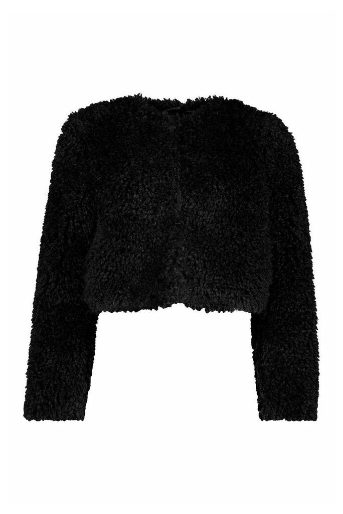 Womens Cropped Curly Faux Fur Coat - black - 12, Black