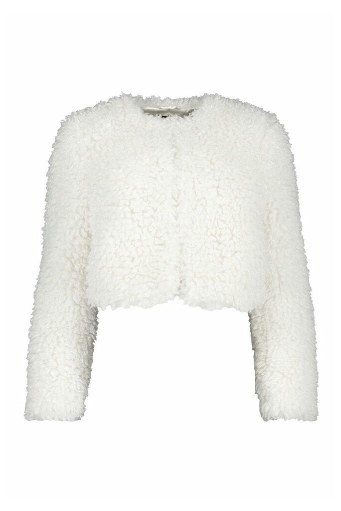 Womens Cropped Premium Teddy Faux Fur Coat - white - 14, White
