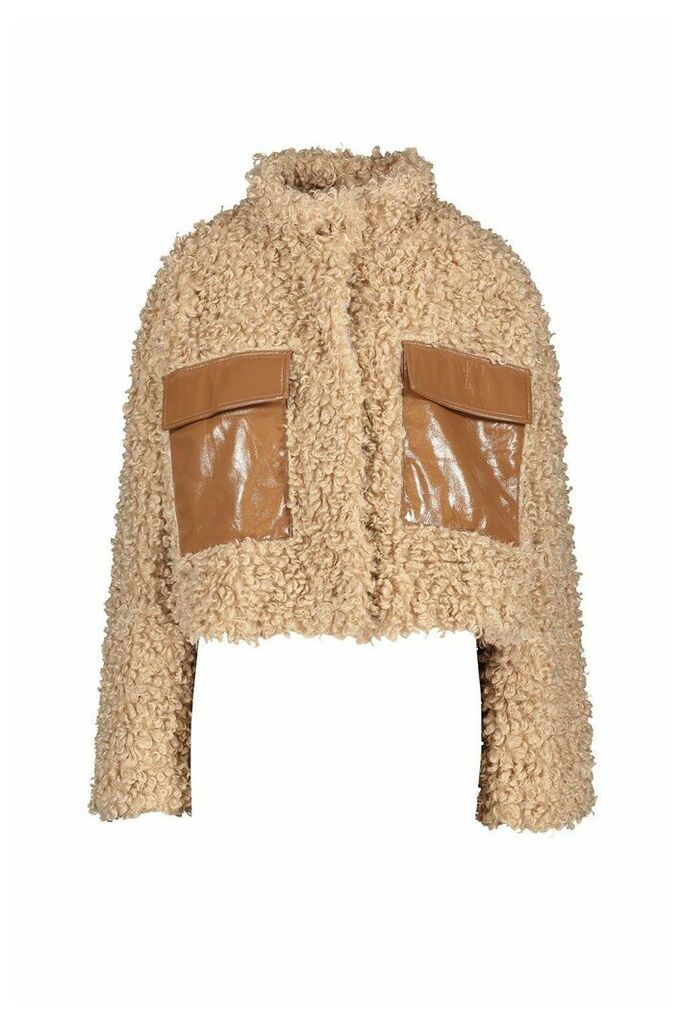 Womens Premium Teddy Cropped Faux Fur Jacket - Brown - 14, Brown