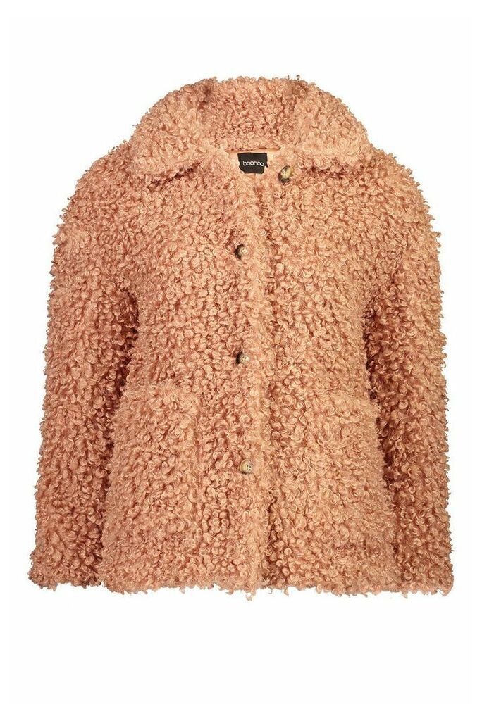 Womens Premium Teddy Button Through Faux Fur Jacket - pink - 10, Pink