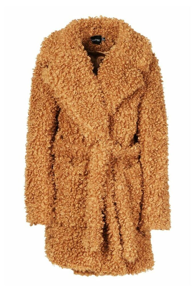 Womens Premium Teddy Belted Faux Fur Coat - Beige - 10, Beige