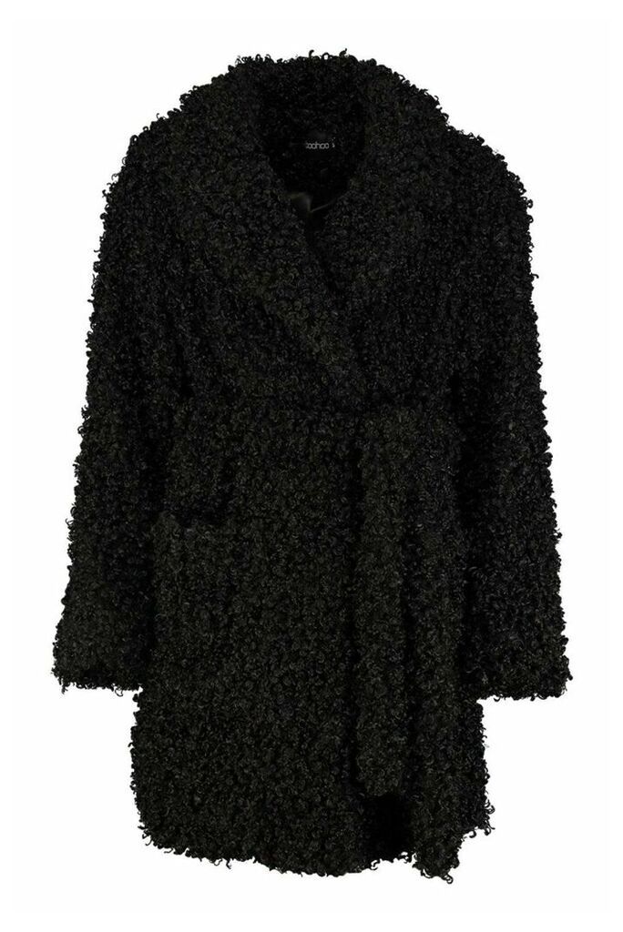 Womens Premium Teddy Belted Faux Fur Coat - black - 10, Black