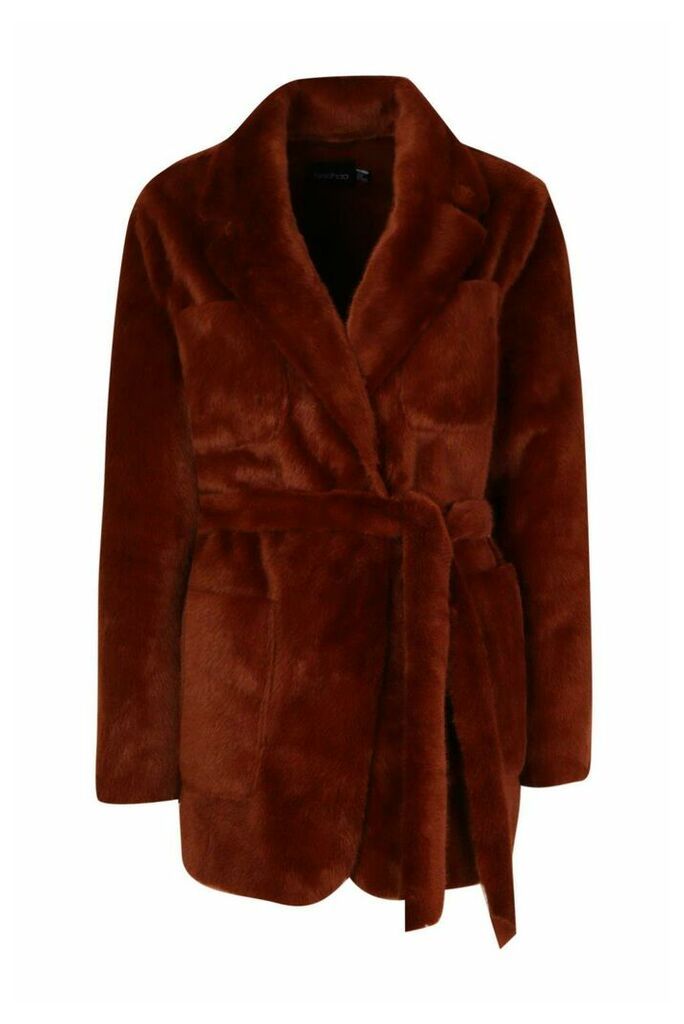 Womens Faux Suede Lined Faux Fur Belted Wrap Coat - Brown - 10, Brown