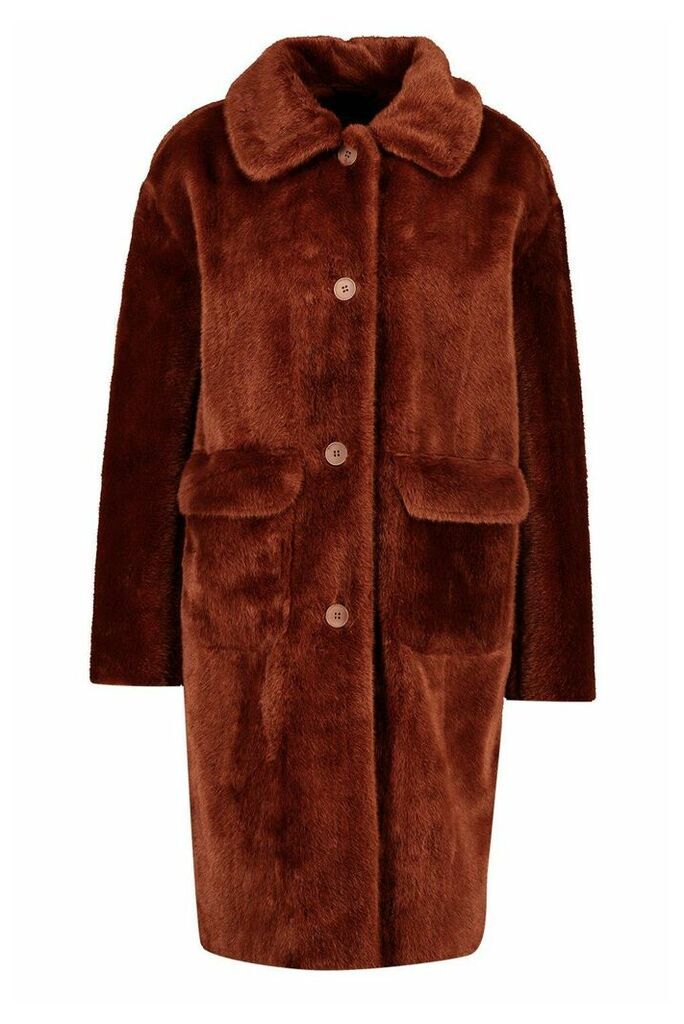 Womens Faux Suede Lined Button Through Faux Fur Coat - Brown - 10, Brown