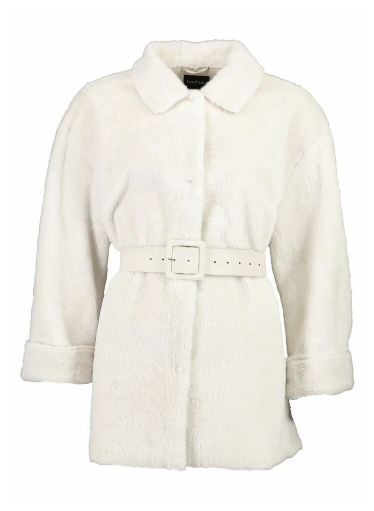 Womens Belted Faux Suede Lined Faux Fur Coat - white - 14, White