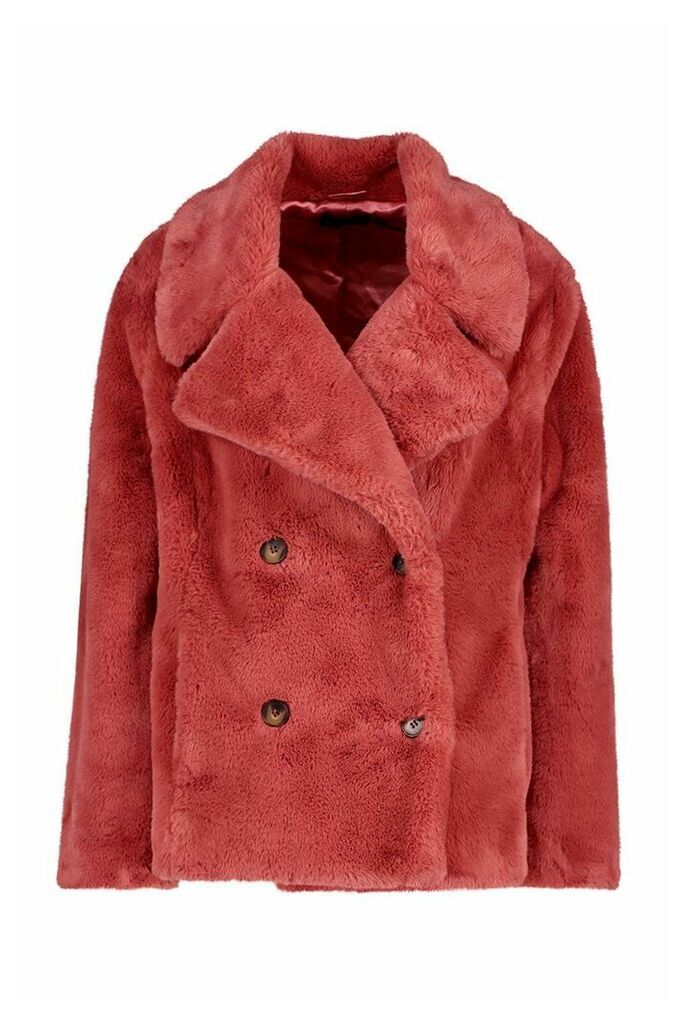 Womens Double Breasted Faux Fur Coat - pink - 16, Pink