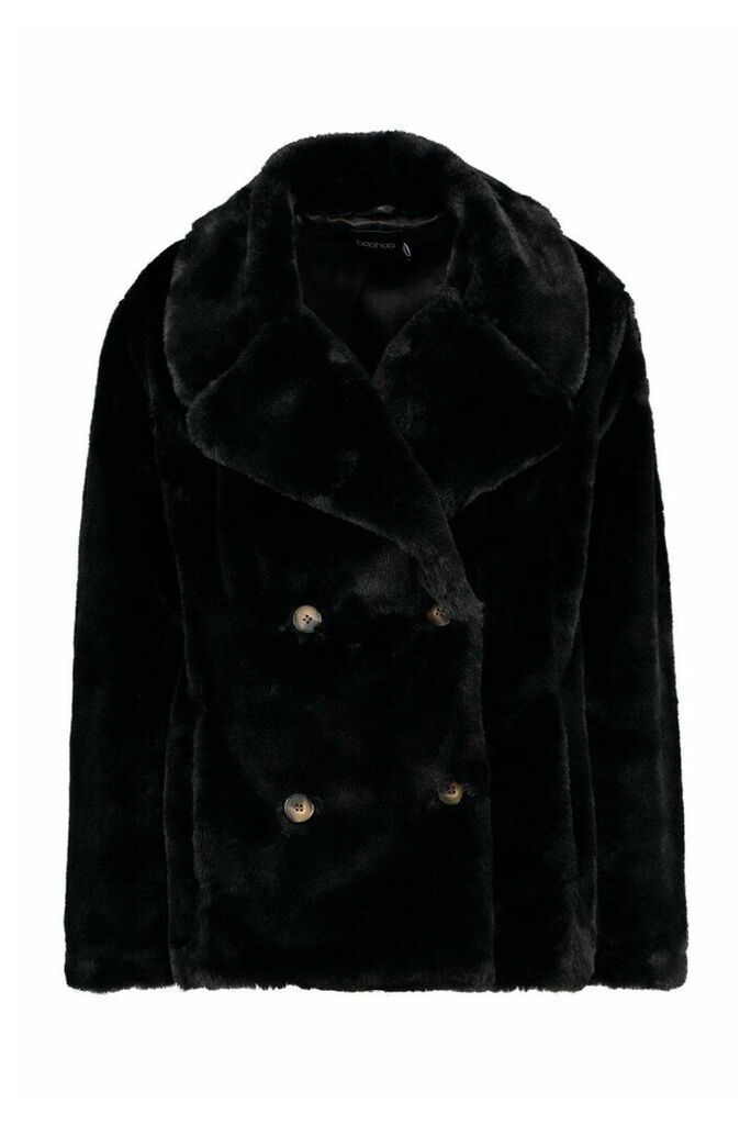 Womens Double Breasted Faux Fur Coat - Black - 12, Black