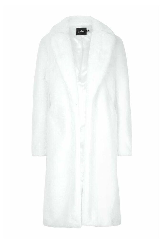 Womens Revere Collar Faux Fur Coat - white - 16, White