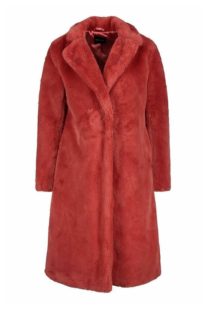 Womens Revere Collar Faux Fur Coat - pink - 10, Pink