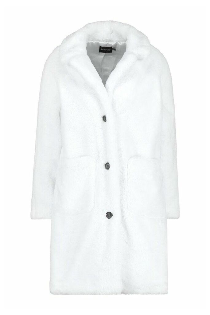 Womens Button Through Double Pocket Faux Fur Coat - white - 16, White
