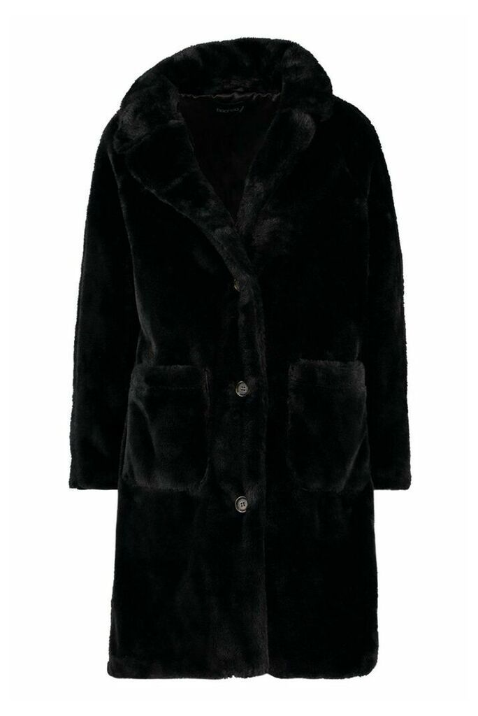 Womens Button Through Double Pocket Faux Fur Coat - black - 12, Black