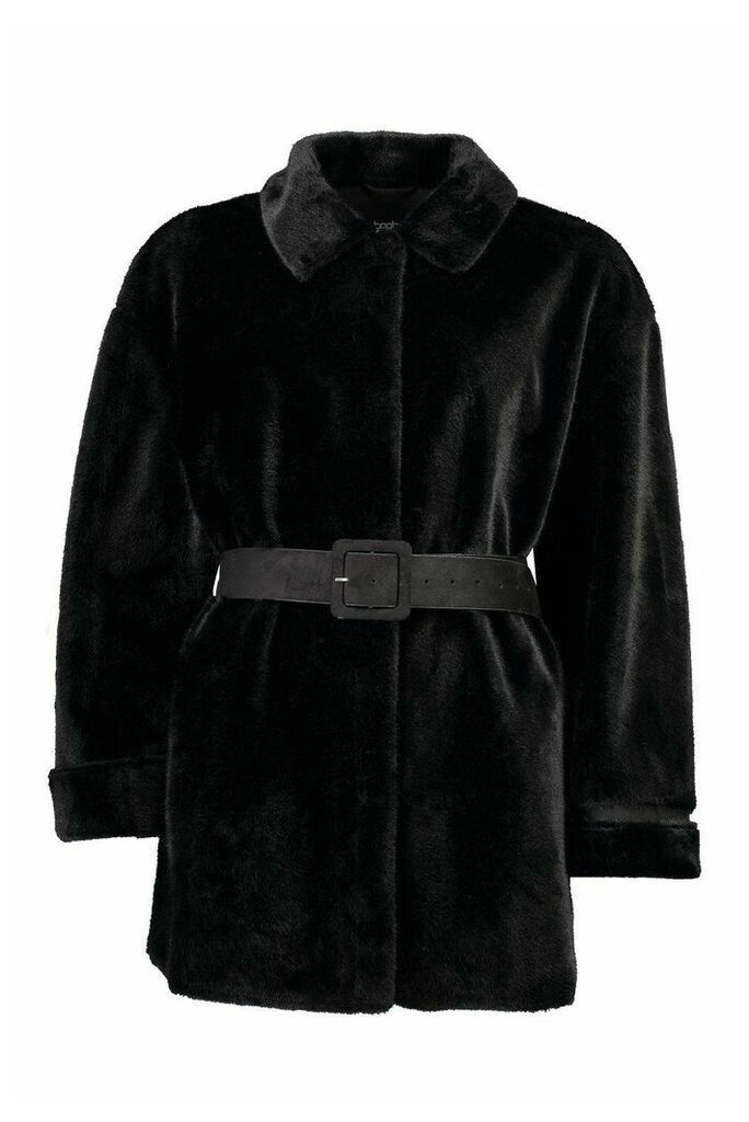 Womens Belted Faux Suede Lined Faux Fur Coat - black - 12, Black