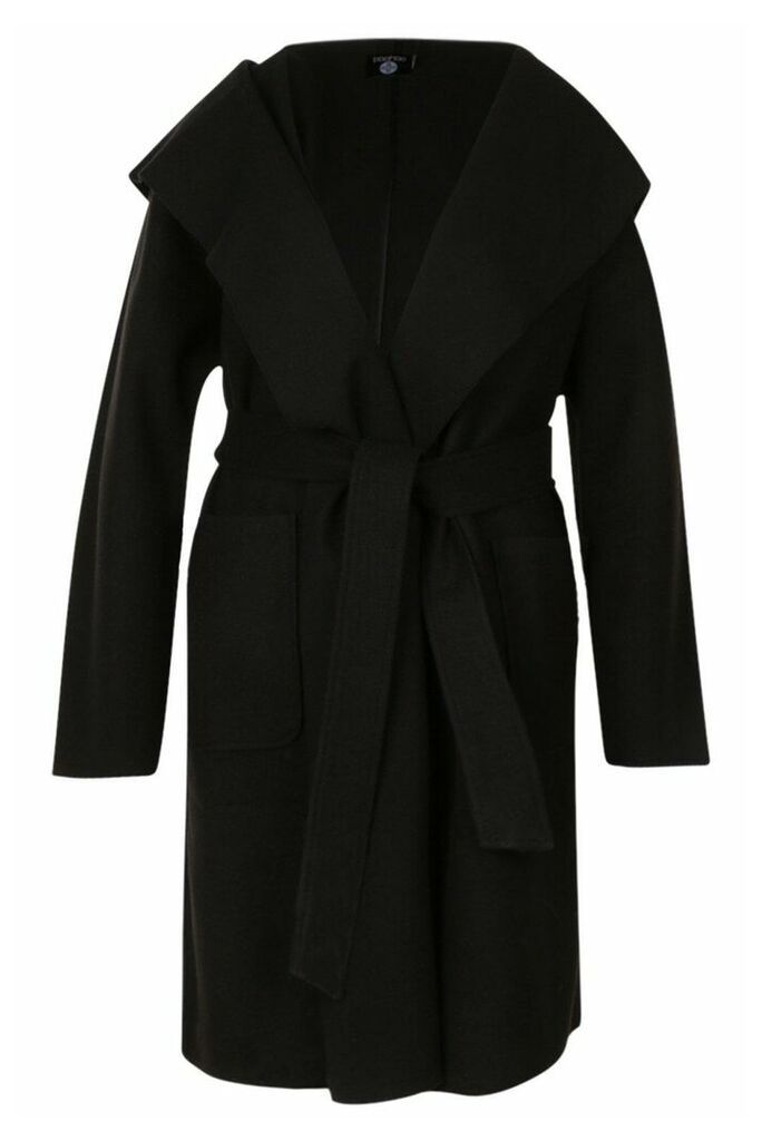 Womens Plus Belted Shall Collar Pocket Coat - black - 16, Black