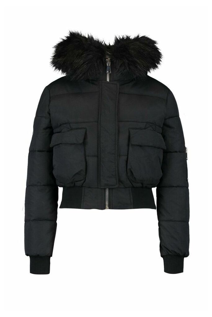 Womens Petite Luxe Faux Fur Hood Sporty Cropped Coat - black - 14, Black