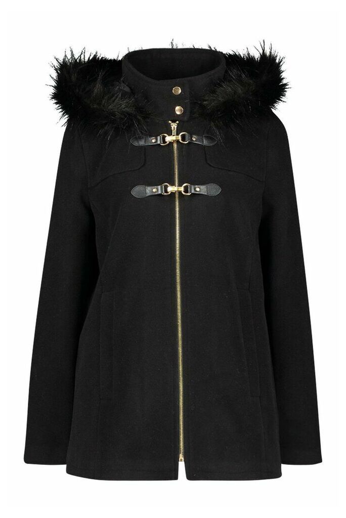 Womens Faux Fur Trim Wool Look Duffle Coat - black - 8, Black
