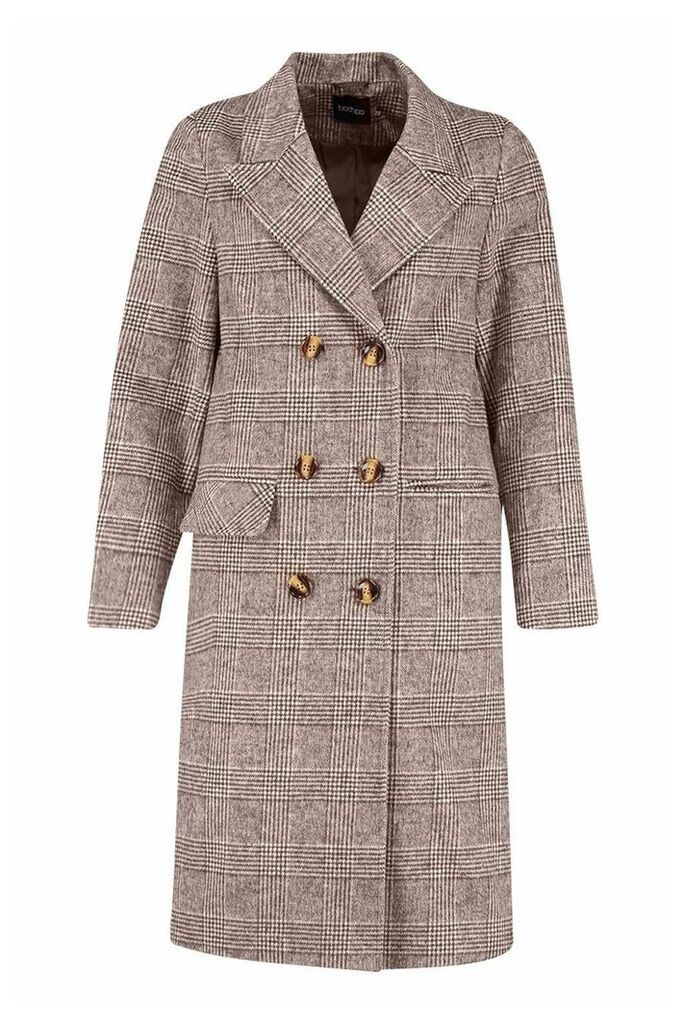 Womens Double Breasted Tonal Check Wool Look Coat - brown - 16, Brown