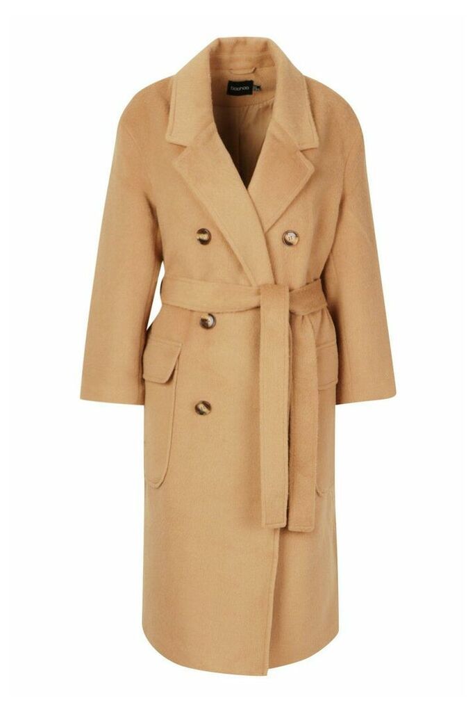 Womens Brushed Double Breasted Belted Wool Look Coat - beige - 14, Beige