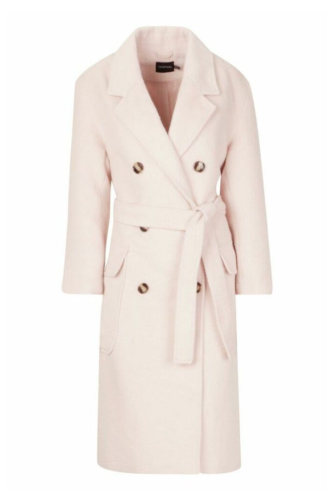 Womens Brushed Double Breasted Belted Wool Look Coat - pink - 16, Pink