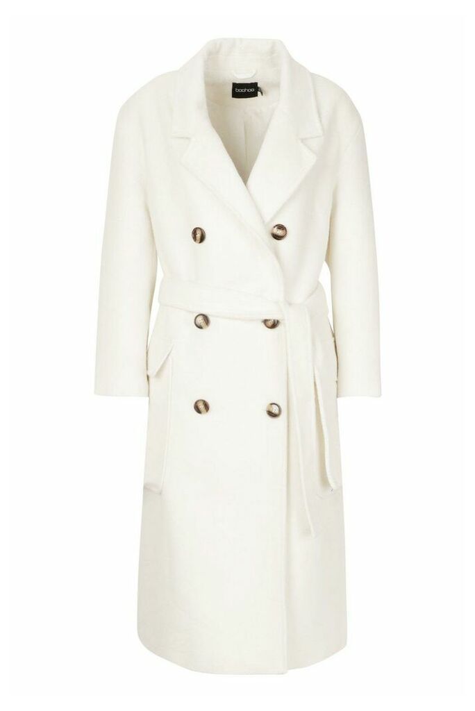 Womens Brushed Double Breasted Belted Wool Look Coat - white - 14, White