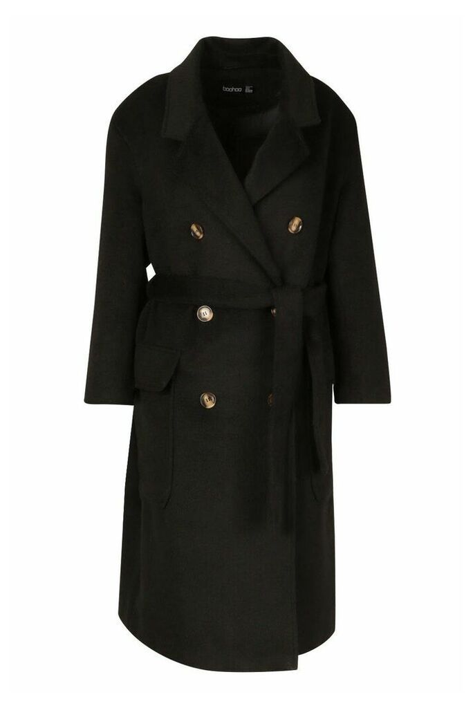 Womens Brushed Double Breasted Belted Wool Look Coat - Black - 10, Black