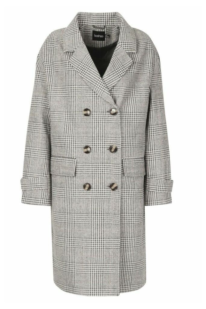 Womens Check Double Breasted Wool Look Coat - Grey - 14, Grey