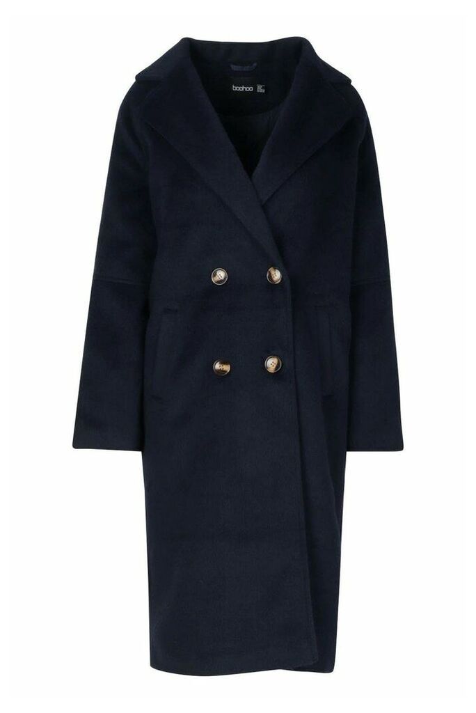 Womens Brushed Double Breasted Wool Look Coat - Navy - 14, Navy