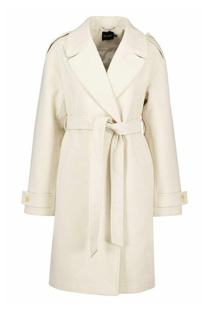Womens Belted Collared Wool Look Coat - white - 16, White