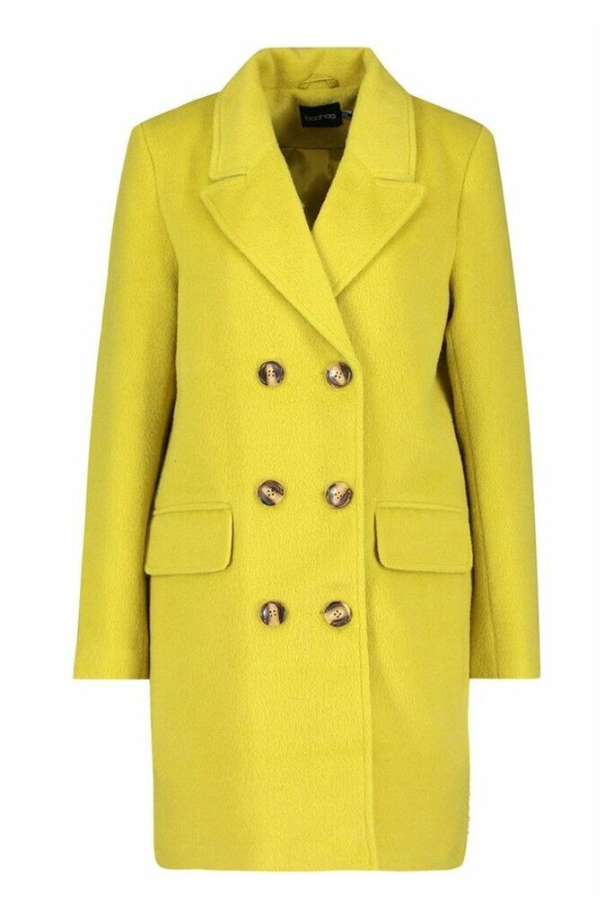 Womens Double Breasted Wool Look Coat - yellow - 12, Yellow