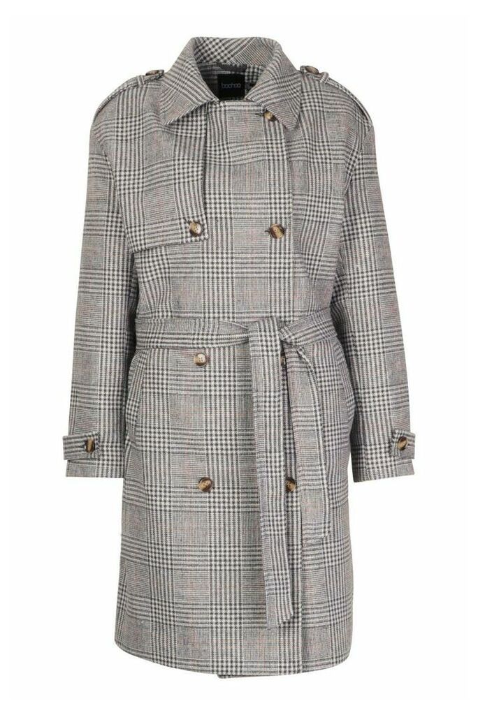 Womens Check Wool Look Trench Coat - Grey - 8, Grey