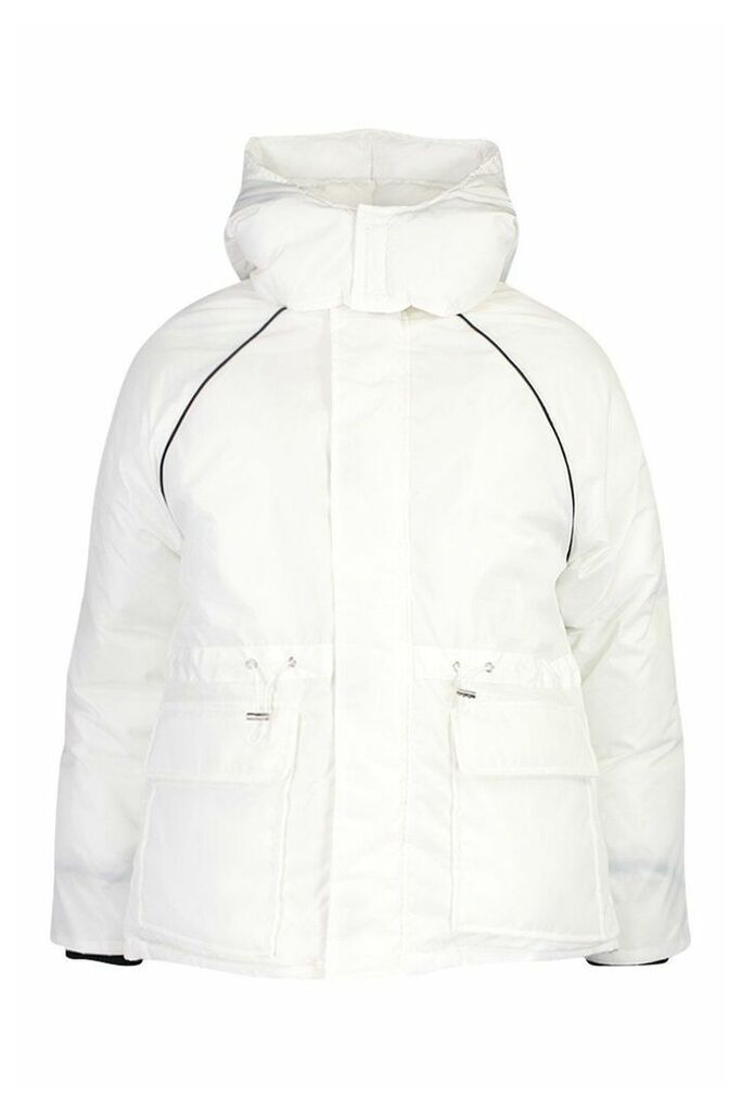 Womens Contrast Piping Synch Waist Parka - white - 8, White