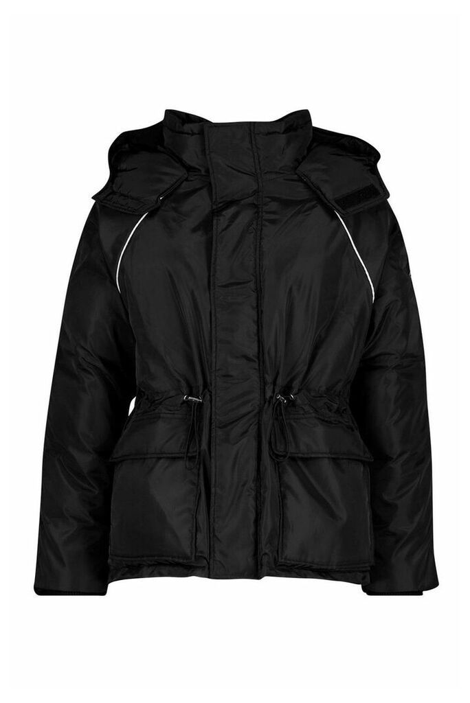 Womens Contrast Piping Synch Waist Parka - Black - 12, Black