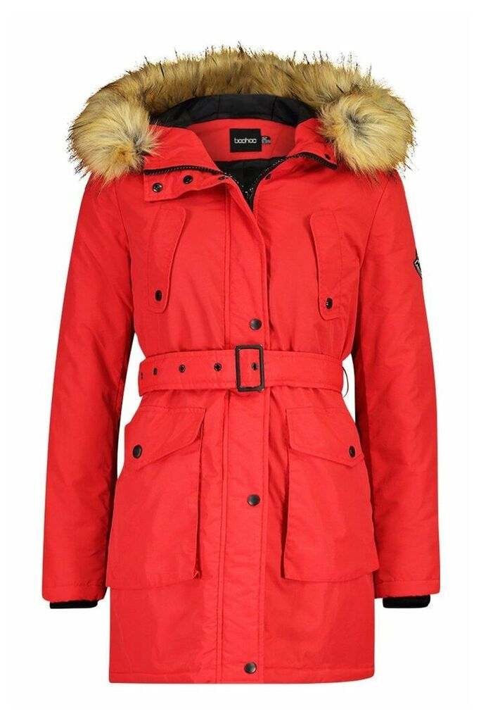 Womens Belted Parka With Faux Fur Trim Hood - red - 12, Red
