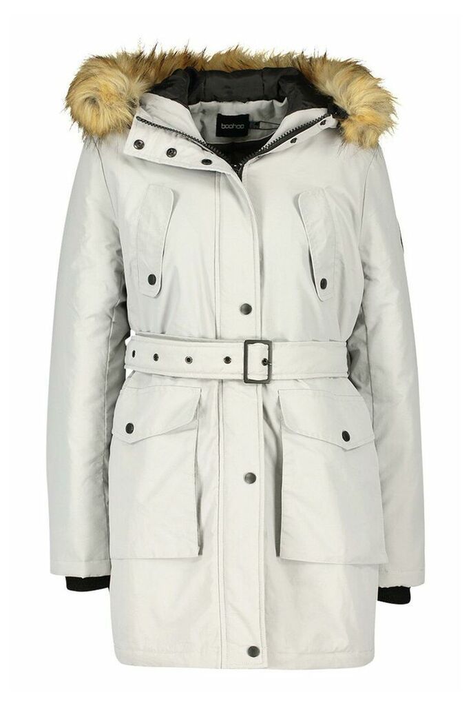 Womens Belted Parka With Faux Fur Trim Hood - Grey - 10, Grey