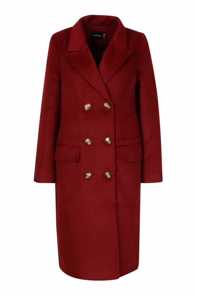 Womens Brushed Wool Look Double Breasted Coat - Red - 10, Red