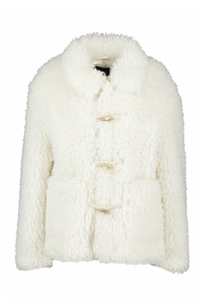 Womens Premium Teddy Faux Fur Belted Longline Coat - white - 14, White