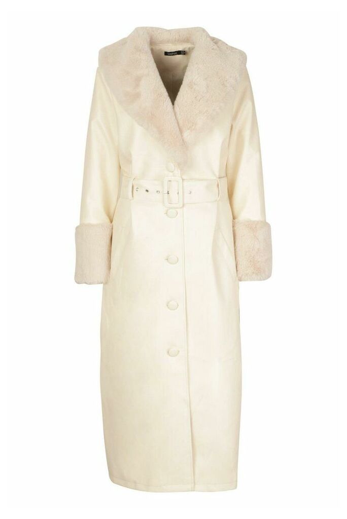 Womens Faux Fur Trim Pu Trench Coat - white - 8, White
