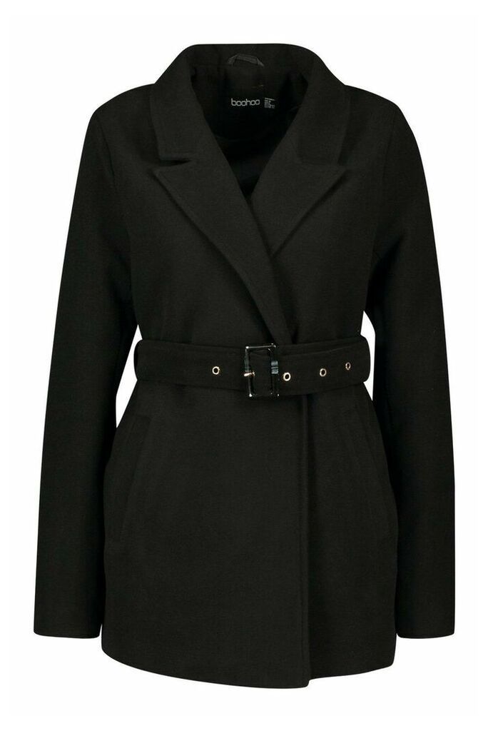 Womens Belted Wool Look Blazer Coat - black - 14, Black