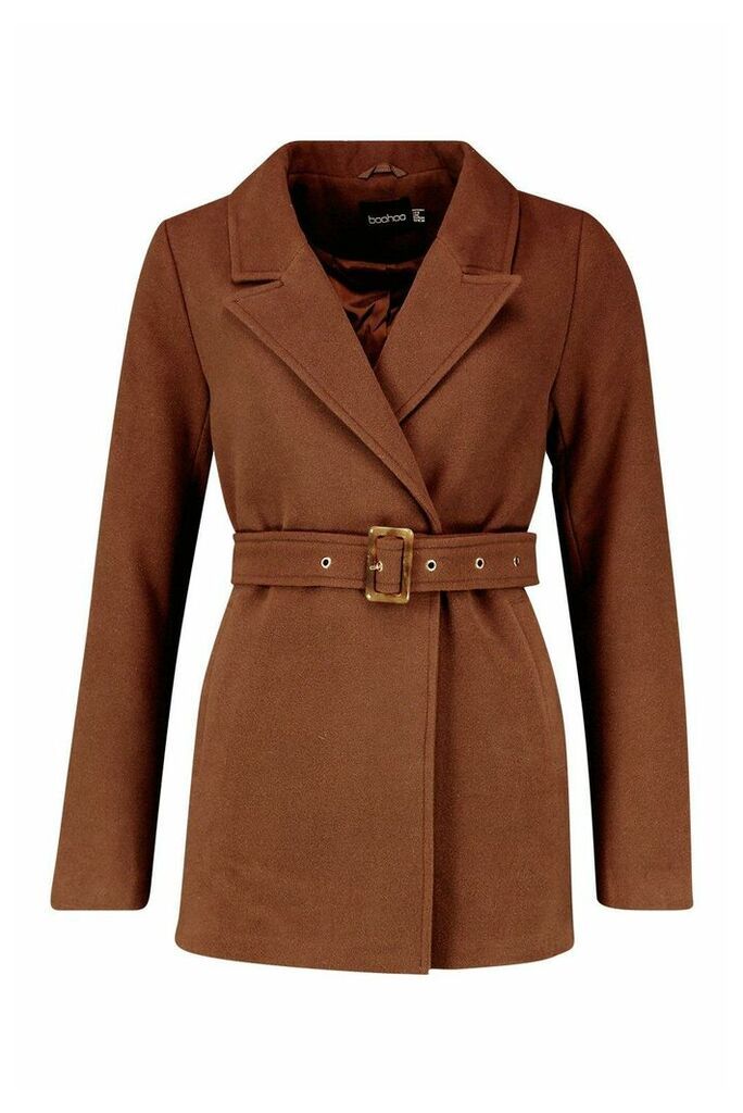 Womens Belted Wool Look Blazer Coat - brown - 16, Brown