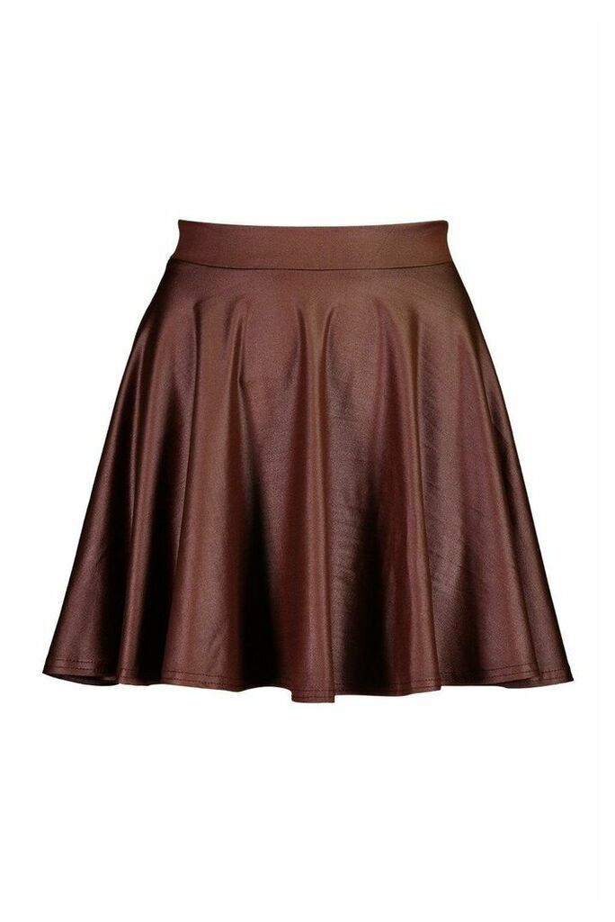 Womens Leather Look Skater Mini Skirt - brown - 12, Brown