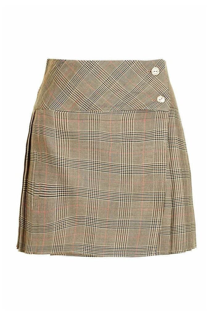 Womens Tonal Check Pleated Kilt Mini Skirt - Beige - 16, Beige