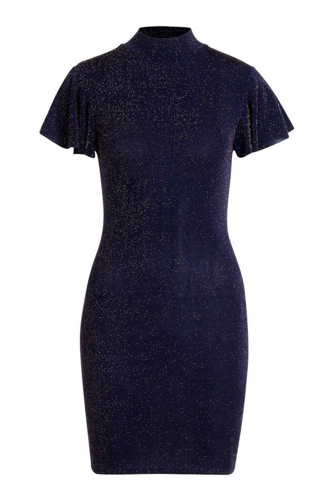 Womens Glitter High Neck Angel Sleeve Mini Dress - Navy - 10, Navy