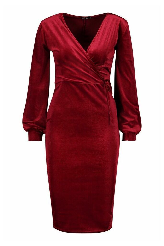 Womens Velvet Long Sleeve Bodycon Midi Dress - red - 16, Red