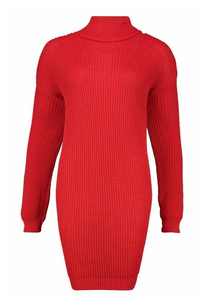 Womens Oversized Roll Neck Dress - red - S, Red