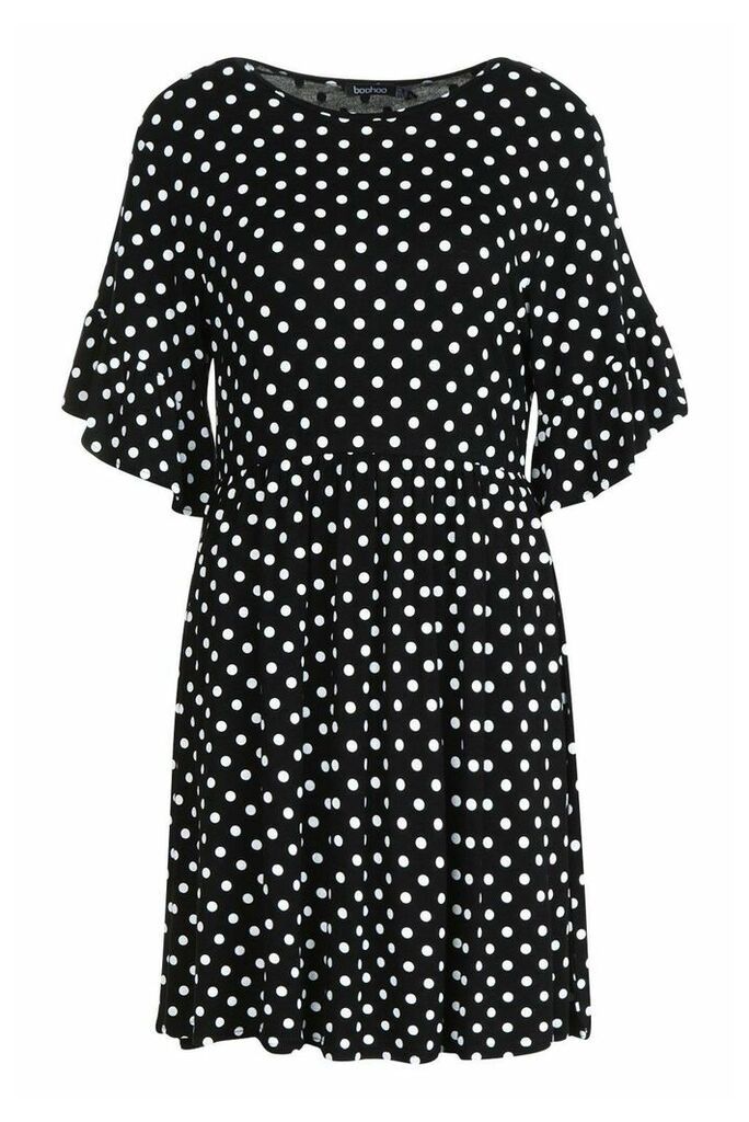 Womens Polka Dot Ruffle Sleeve Smock Dress - Black - 10, Black