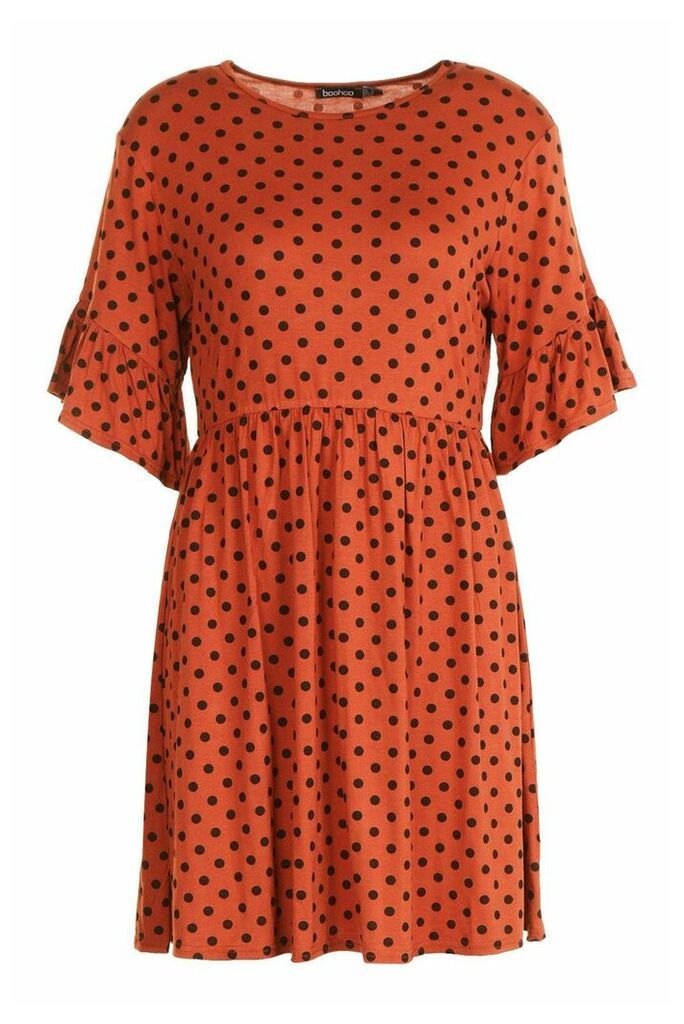 Womens Polka Dot Ruffle Sleeve Smock Dress - Orange - 8, Orange
